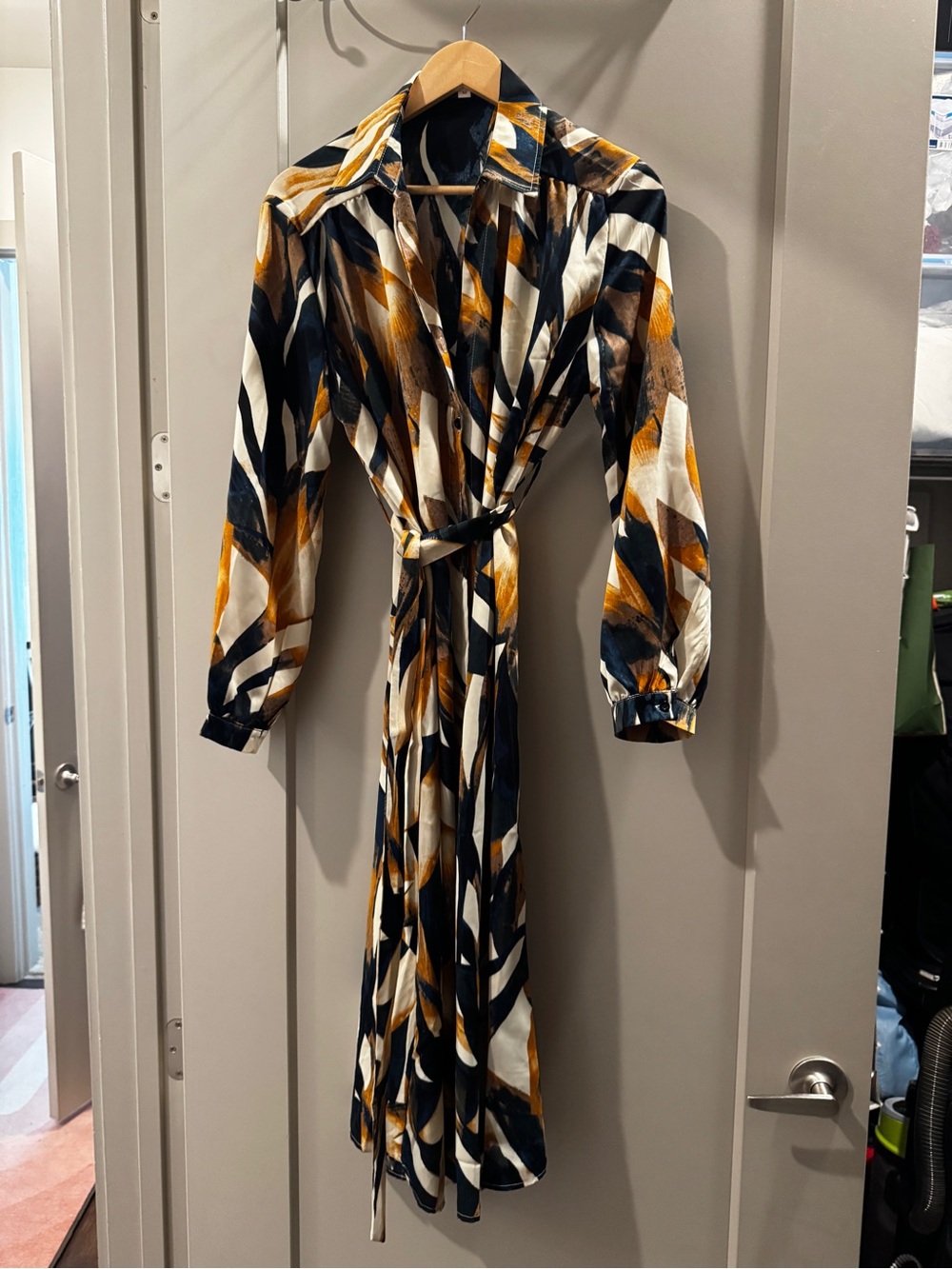 Abstract Print Long Sleeve Shirt Dress in Navy, Mustard & Cream